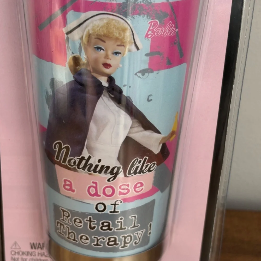 NEW BARBIE Travel Mug Nothing Like A Dose Of Retail Therapy Tumbler Cup 2009